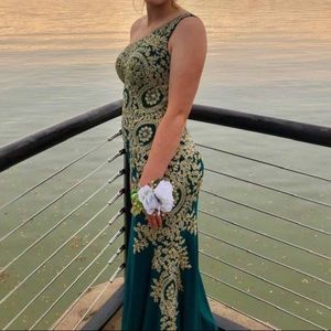 Prom Dress- Emerald Green with Gold detailing